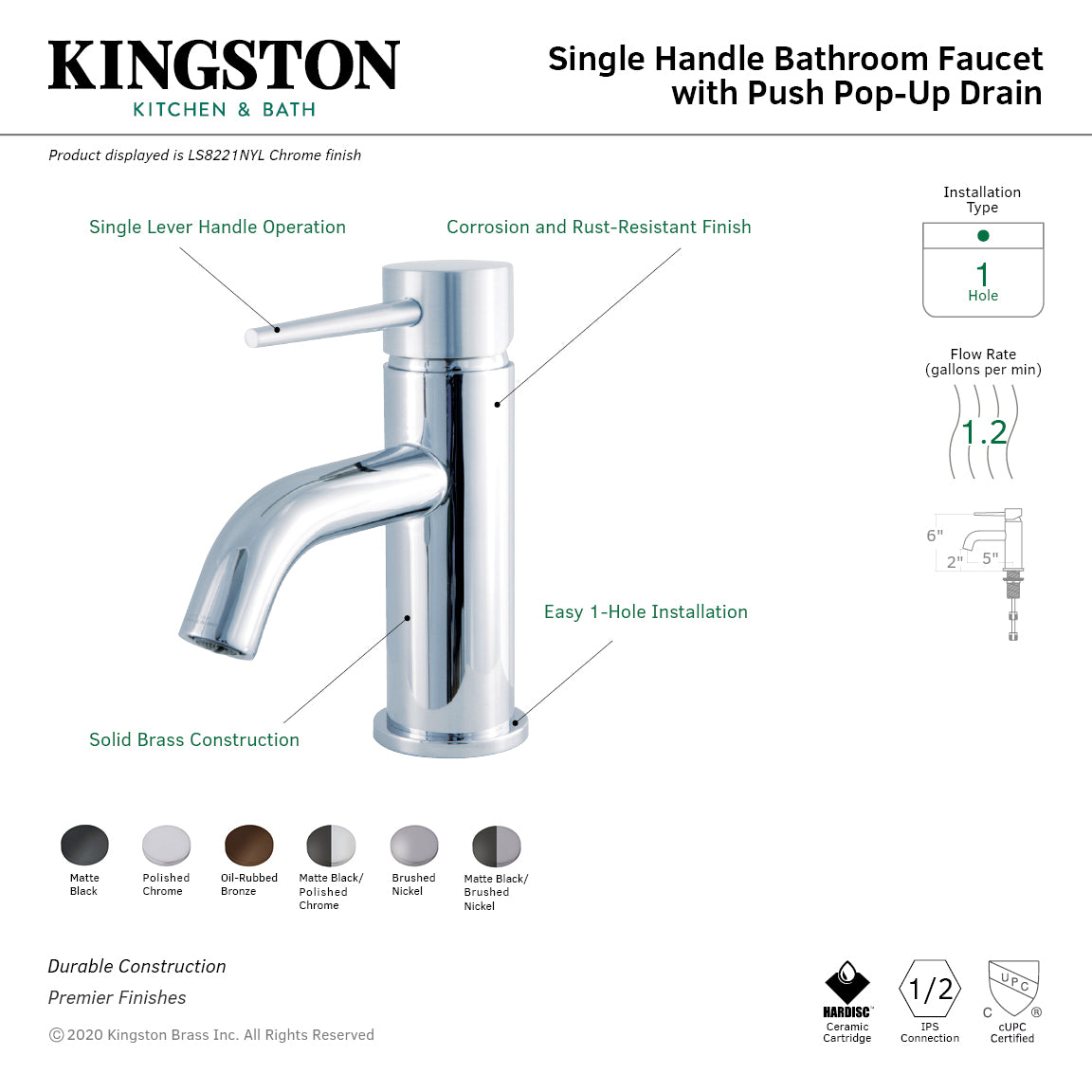 Kingston Sona LS8228NYL - New York One-Handle 1-Hole Bathroom Faucet with Push Pop-Up Drain, Brushed Nickel — thumbnail 3